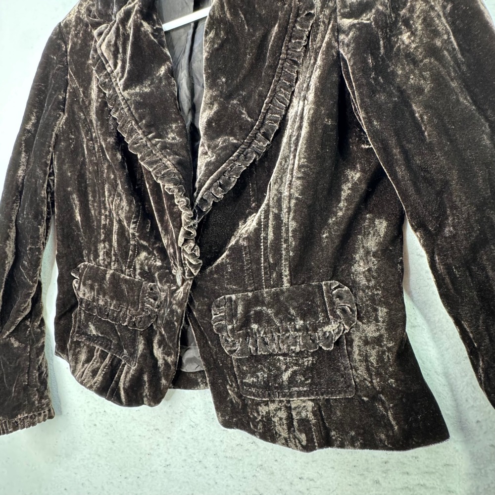 INC Velvet Blazer Womens Medium Brown Ruffle Trim Victorian Goth Jacket - Picture 8 of 13
